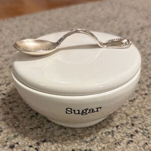 Mudpie White Sugar Bowl with Silver Spoon Handle on Lid